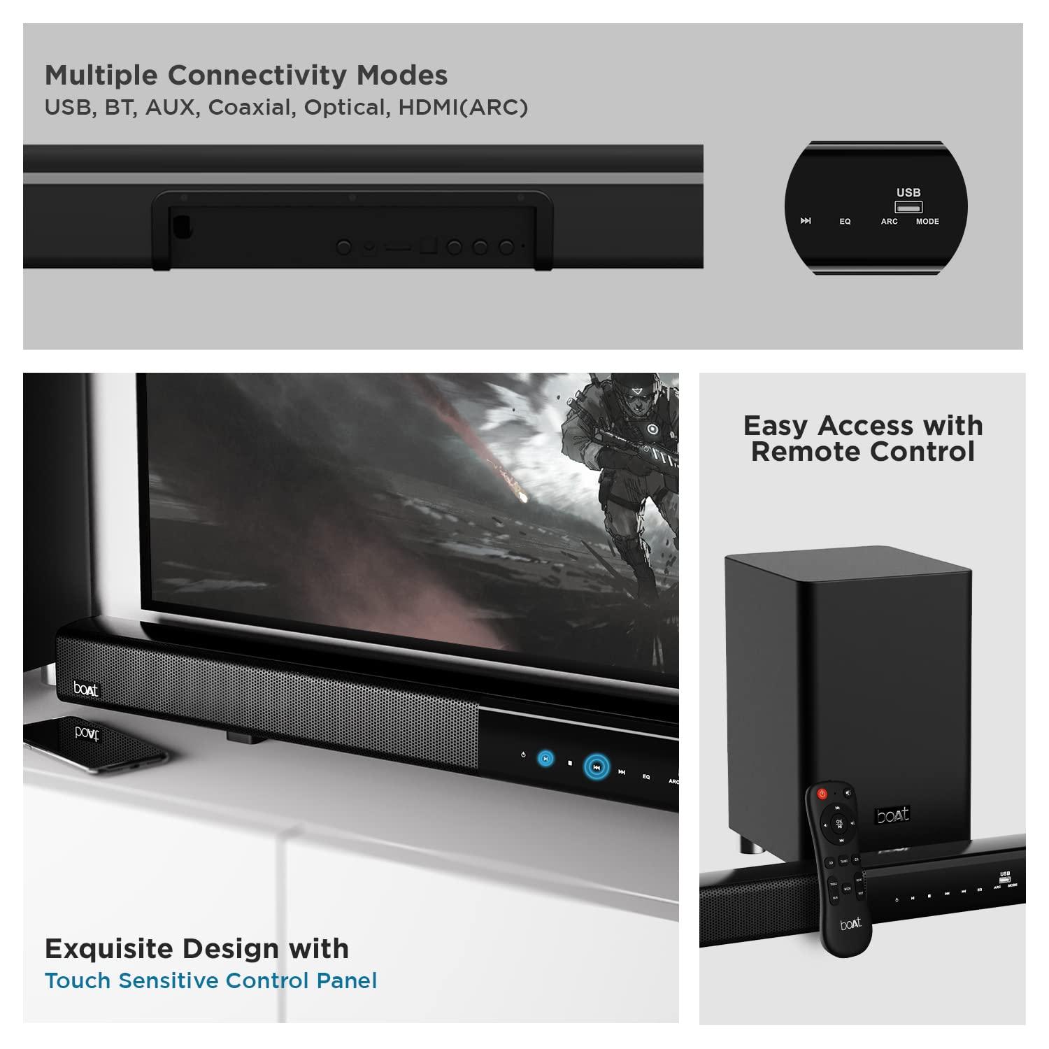 boAt Aavante Bar 1500 2.1 Channel Home Theatre Soundbar with 120W Signature Sound, Wired Subwoofer, Multiple Connectivity Modes, Entertainment EQ Modes and Sleek Finish (Black) - Nalanda Enterprises