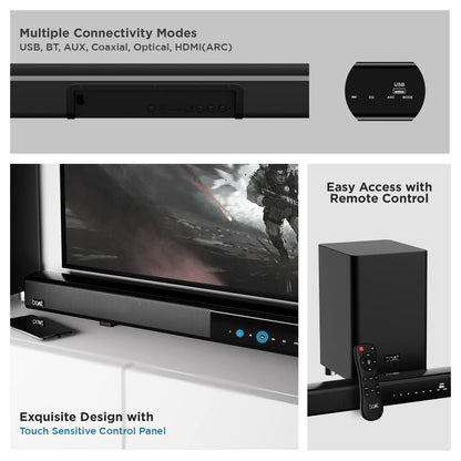 boAt Aavante Bar 1500 2.1 Channel Home Theatre Soundbar with 120W Signature Sound, Wired Subwoofer, Multiple Connectivity Modes, Entertainment EQ Modes and Sleek Finish (Black) - Nalanda Enterprises