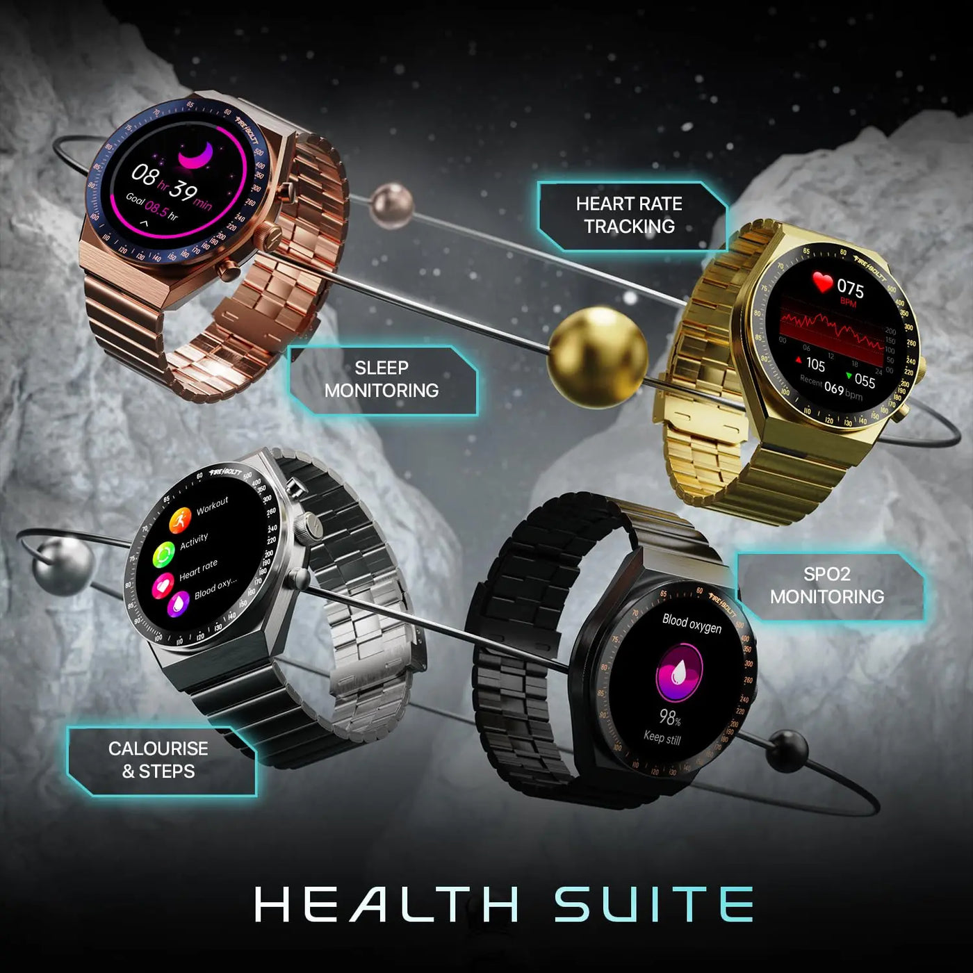 Fire-Boltt Spacewatch 36.3mm (1.43 inch) AMOLED Display, Wireless Charging, Metallic Frame, Stainless Steel Luxury Straps, Complete Health Suite, Bluetooth Calling, Sports Modes