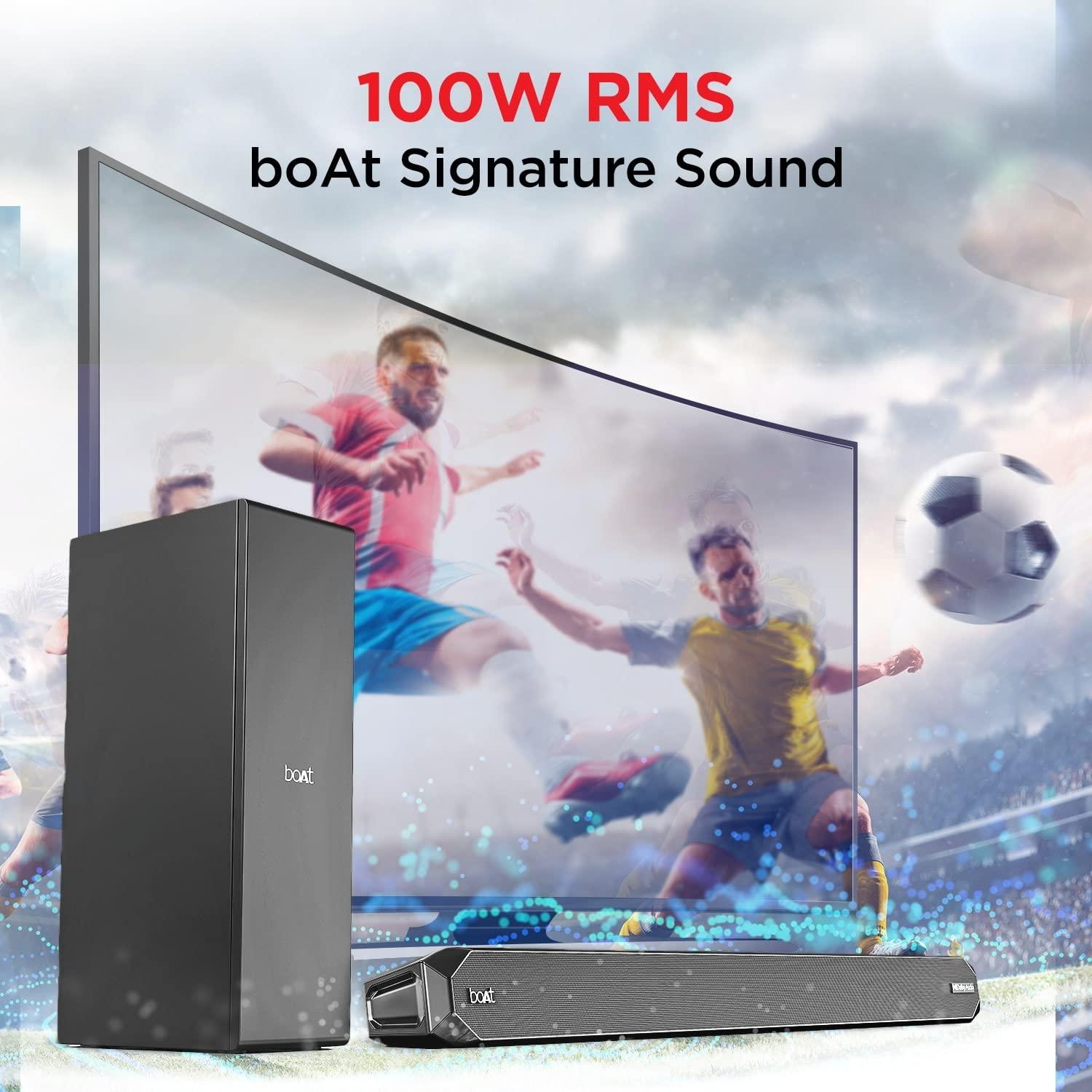 boAt Aavante Bar 1500 2.1 Channel Home Theatre Soundbar with 120W Signature Sound, Wired Subwoofer, Multiple Connectivity Modes, Entertainment EQ Modes and Sleek Finish (Black) - Nalanda Enterprises