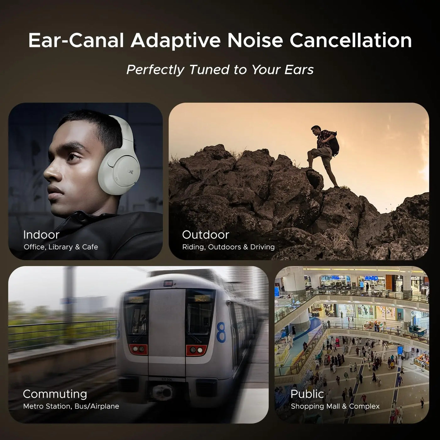 Ear-canal adaptive noise cancellation headphones shown for indoor, outdoor, commuting, and public use, featuring diverse settings like office, hiking, metro, and shopping mall.