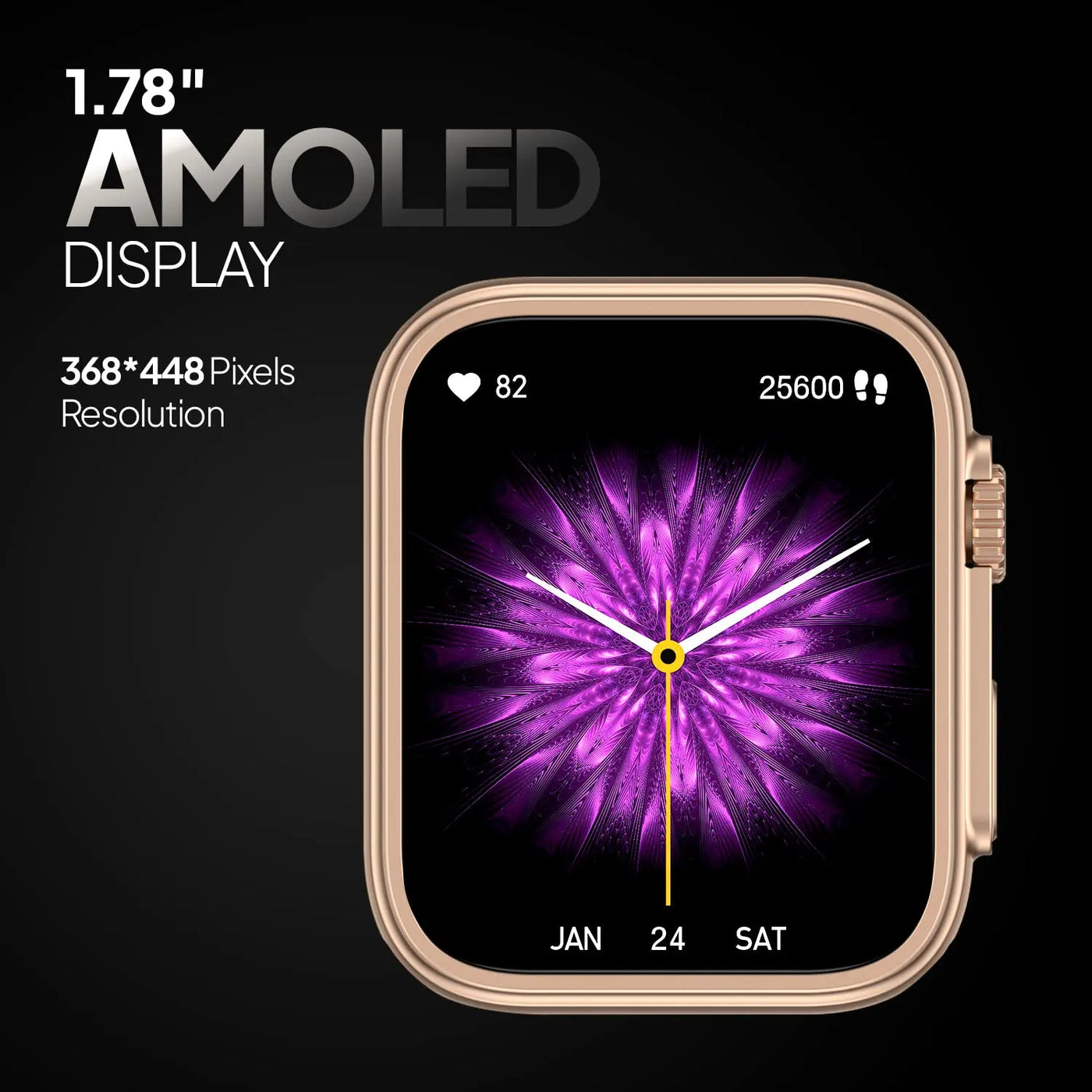 Gold smart watch with 1.78-inch AMOLED display, 368x448 resolution, floral dial face