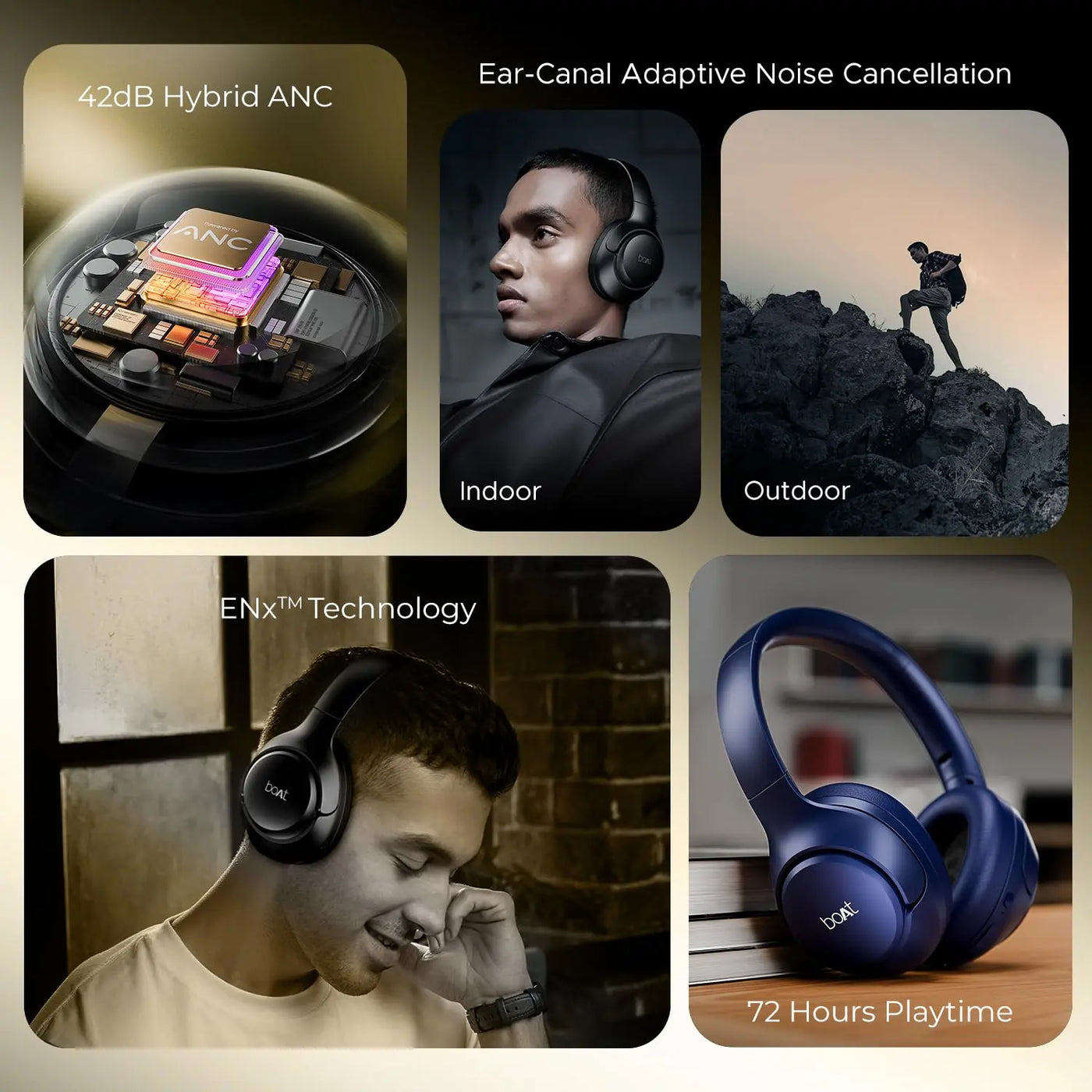 Boat headphones with 42dB hybrid ANC, ENx technology, and 72 hours playtime by Nalanda Enterprises.