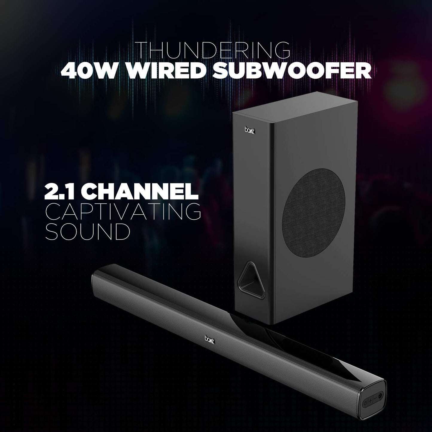 boAt Aavante Bar 1500 2.1 Channel Home Theatre Soundbar with 120W Signature Sound, Wired Subwoofer, Multiple Connectivity Modes, Entertainment EQ Modes and Sleek Finish (Black) - Nalanda Enterprises