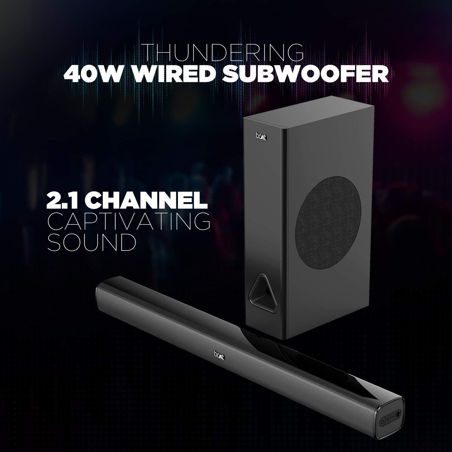 boAt Aavante Bar 1500 2.1 Channel Home Theatre Soundbar with 120W Signature Sound, Wired Subwoofer, Multiple Connectivity Modes, Entertainment EQ Modes and Sleek Finish (Black) - Nalanda Enterprises