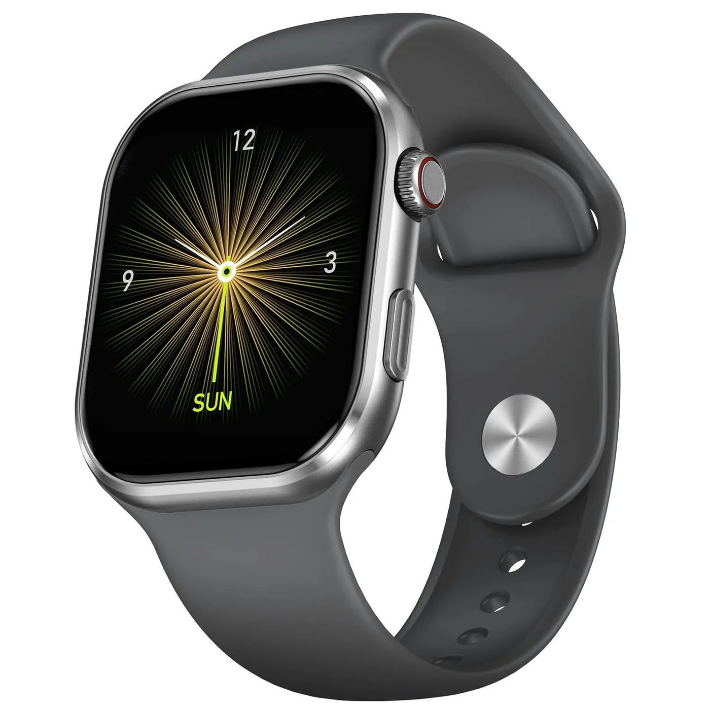 Black smartwatch with silver frame and digital dial, online at Nalanda Enterprises India.