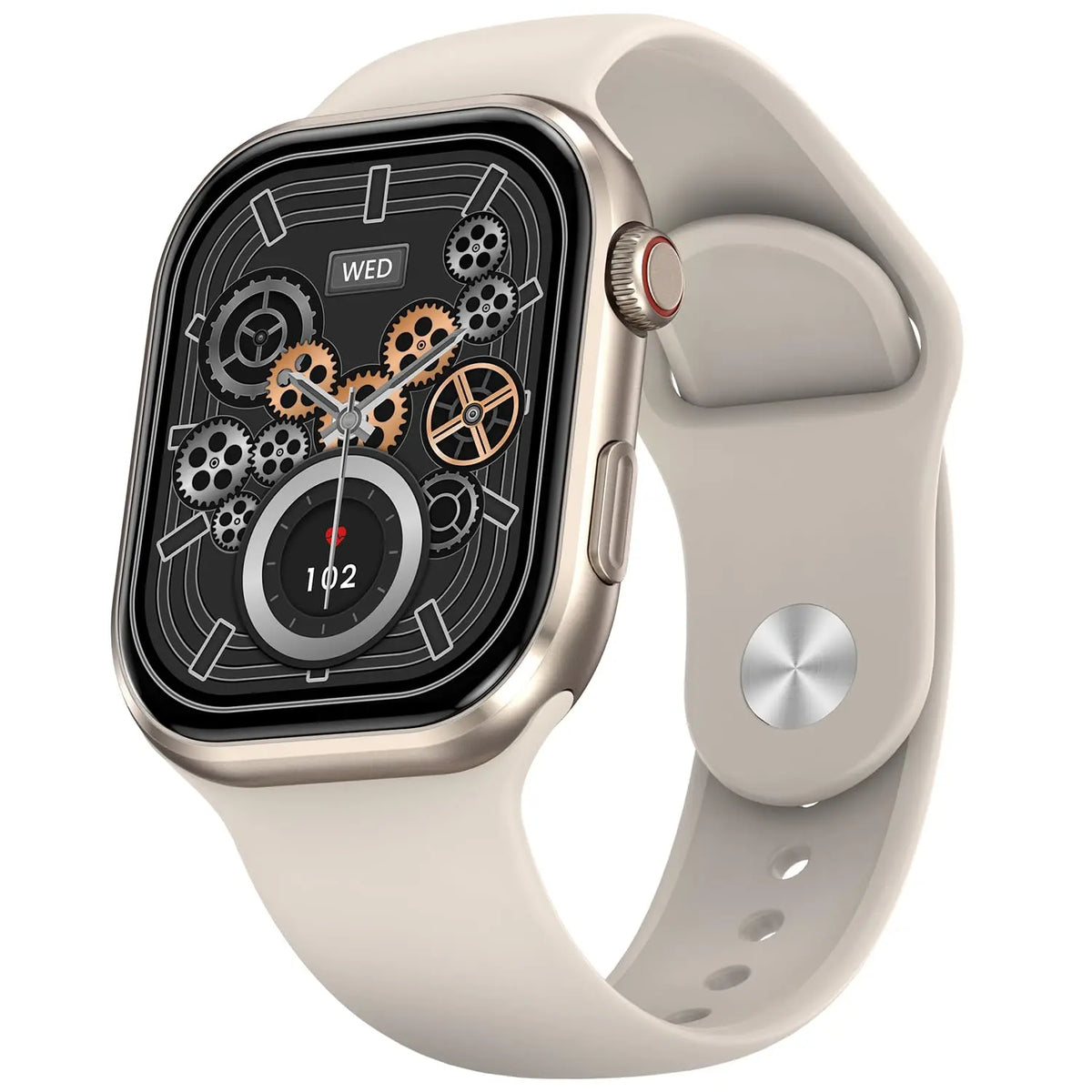 Beige smart watch with round display and gear-themed watch face, sold by Nalanda Enterprises