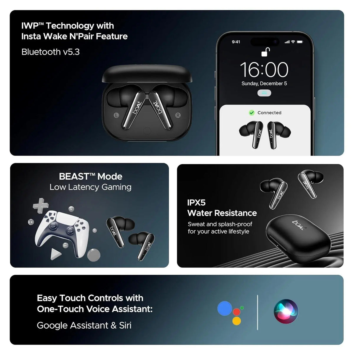 boAt Airdopes 280 ANC Truly Wireless in-Ear Earbuds with 32dB ANC, Ambient Mode, 60HRS Playback, 13mm Drivers, 4 Mics ENx™, in-Ear Detection, ASAP™ Charge,Beast Mode,IPX5 Ear Buds TWS (Active Black) - Nalanda Enterprises