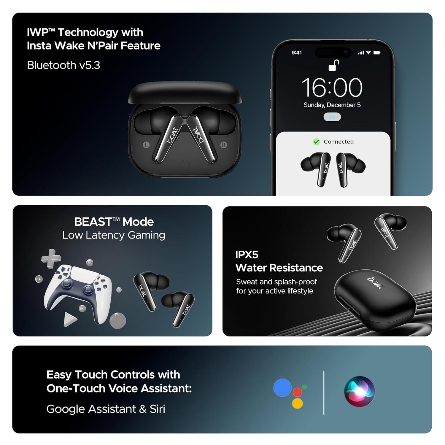 boAt Airdopes 280 ANC Truly Wireless in-Ear Earbuds with 32dB ANC, Ambient Mode, 60HRS Playback, 13mm Drivers, 4 Mics ENx™, in-Ear Detection, ASAP™ Charge,Beast Mode,IPX5 Ear Buds TWS (Active Black) - Nalanda Enterprises