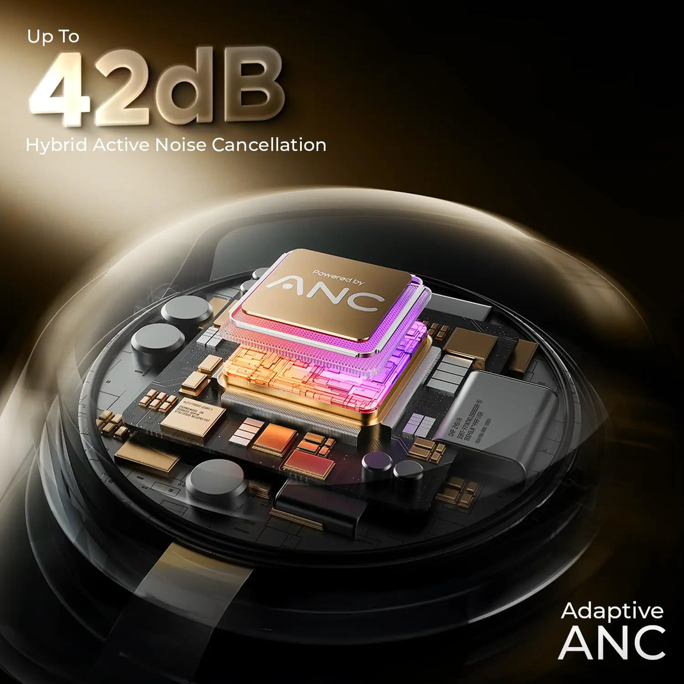 Close-up of ANC chip with adaptive active noise cancellation, 42dB, tech circuit, Nalanda Enterprises
