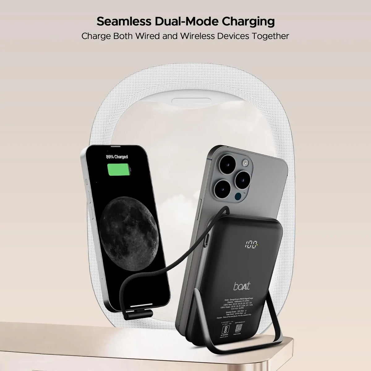 boAt Energyshroom PB330 MagnaCharge 10000 mAh Magnetic Wireless Power Bank w/ 15W Wireless Charging, Metal Stand,Magnacharge Ring for iPhone and Android Phones w/Wireless Charge(Black) - Nalanda Enterprises