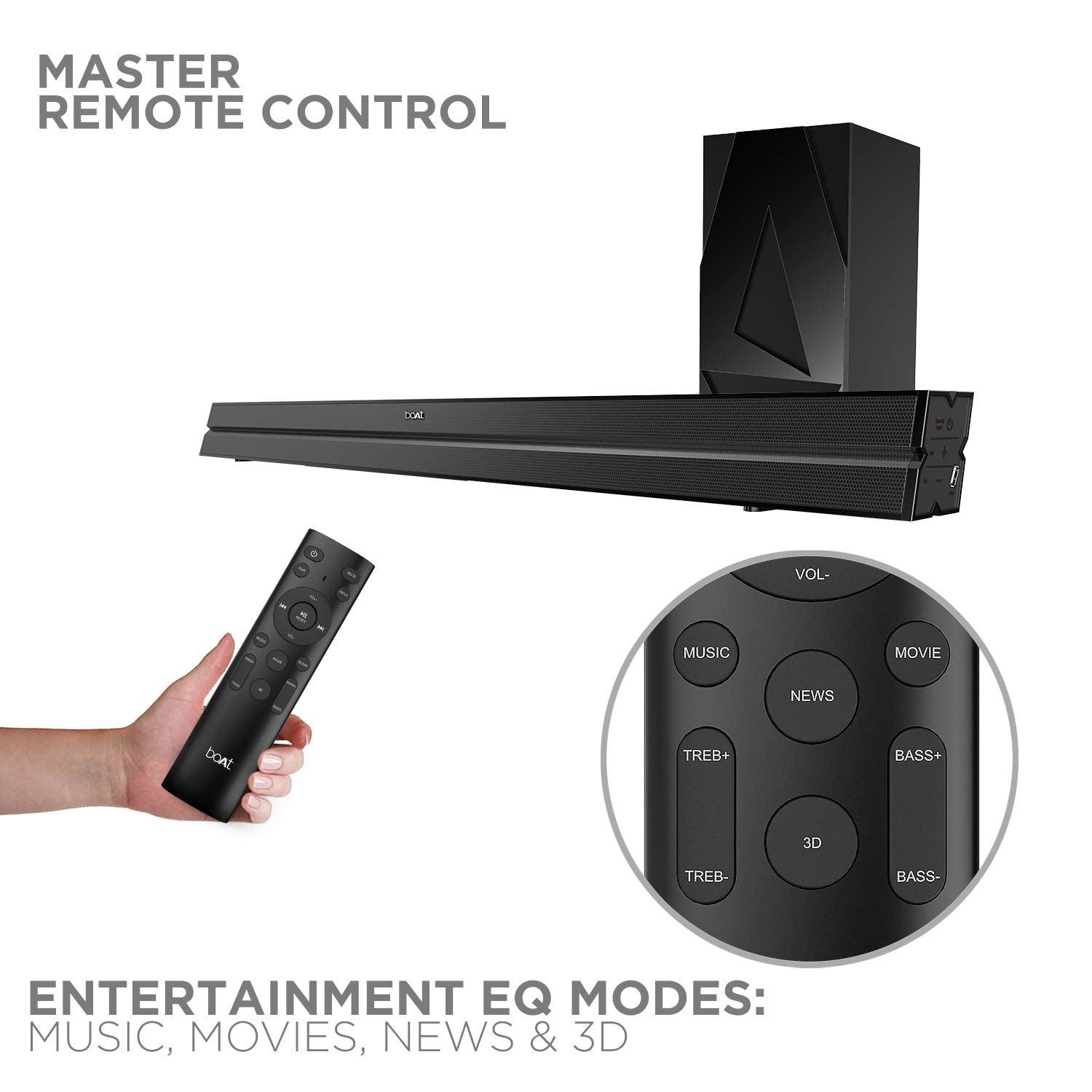boAt Aavante Bar 1500 2.1 Channel Home Theatre Soundbar with 120W Signature Sound, Wired Subwoofer, Multiple Connectivity Modes, Entertainment EQ Modes and Sleek Finish (Black) - Nalanda Enterprises