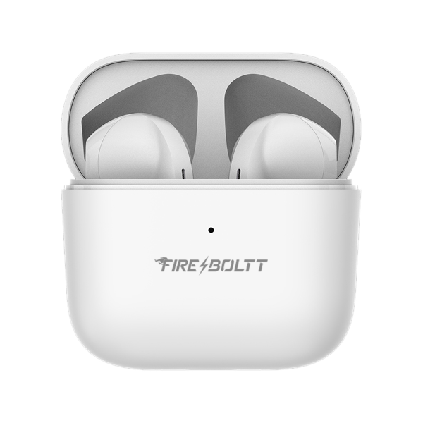Fire-Boltt white wireless earbuds in charging case, corporate gifting product from Nalanda Enterprises