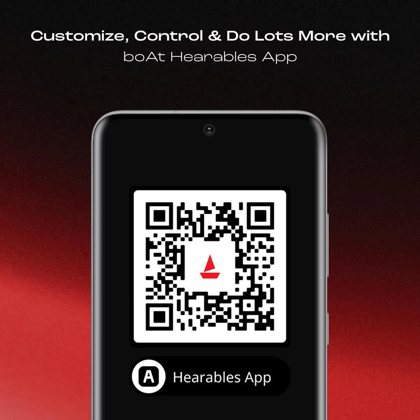 Smartphone displaying boAt Hearables App QR code with customize and control features, Nalanda Enterprises