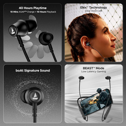 boAt Rockerz 111 Bluetooth Wireless Neckband with Up to 40 Hrs Playtime, Dual Device Pairing, Enx Tech, Beast Mode, ASAP Charging, Btv5.3, Ipx5,Type-C Interface & Magnetic in Ear Buds(Active Black) - Nalanda Enterprises