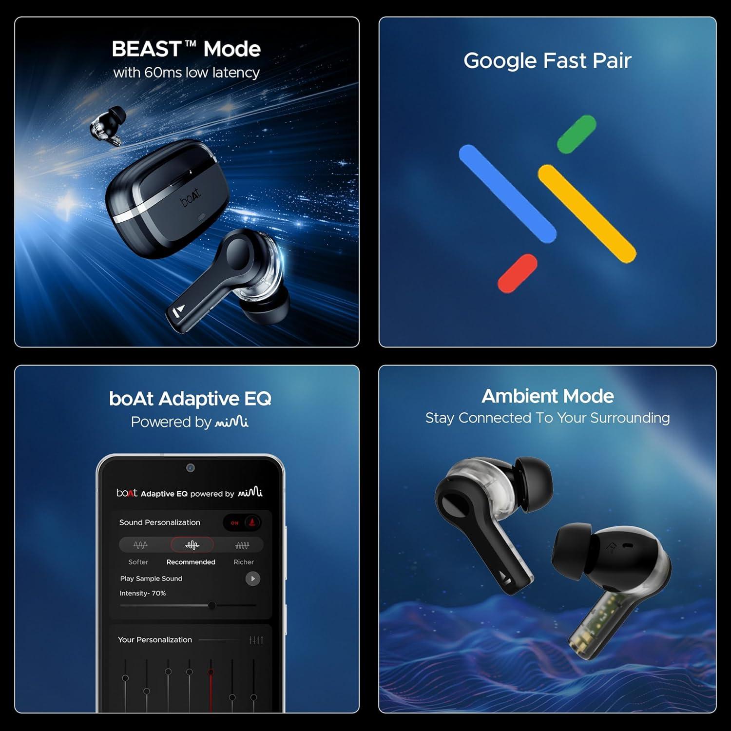 boAt Nirvana Space Truly Wireless in-Ear Earbuds w/ 360º Spatial Audio, ANC (~32dB),100HRS Playback,4 Mics w/AI-ENx™,in-Ear Detection,DLC Drivers, Multipoint Connectivity Ear Buds TWS (Cosmic Black) - Nalanda Enterprises