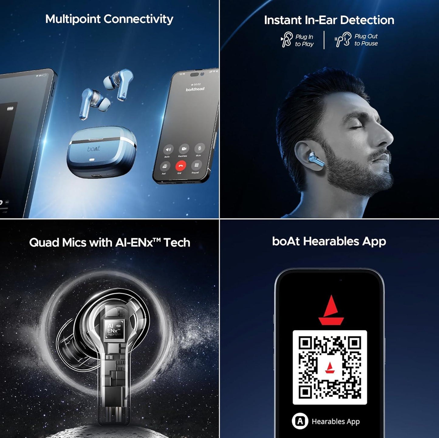 boAt Nirvana Space Truly Wireless in-Ear Earbuds w/ 360º Spatial Audio, ANC (~32dB),100HRS Playback,4 Mics w/AI-ENx™,in-Ear Detection,DLC Drivers, Multipoint Connectivity Ear Buds TWS (Cosmic Black) - Nalanda Enterprises