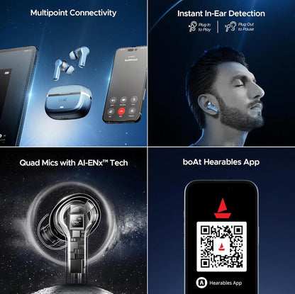 boAt Nirvana Space Truly Wireless in-Ear Earbuds w/ 360º Spatial Audio, ANC (~32dB),100HRS Playback,4 Mics w/AI-ENx™,in-Ear Detection,DLC Drivers, Multipoint Connectivity Ear Buds TWS (Cosmic Black) - Nalanda Enterprises