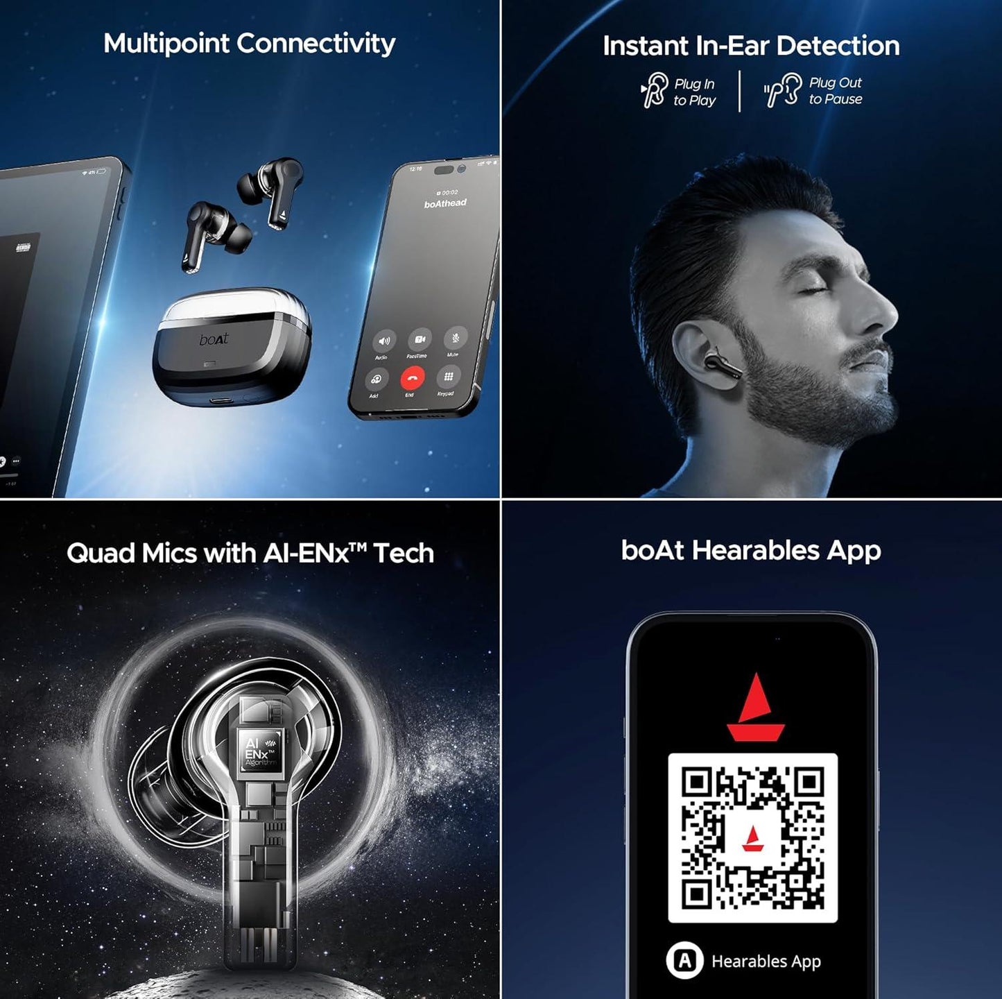 boAt Nirvana Space Truly Wireless in-Ear Earbuds w/ 360º Spatial Audio, ANC (~32dB),100HRS Playback,4 Mics w/AI-ENx™,in-Ear Detection,DLC Drivers, Multipoint Connectivity Ear Buds TWS (Cosmic Black) - Nalanda Enterprises