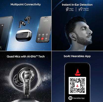 boAt Nirvana Space Truly Wireless in-Ear Earbuds w/ 360º Spatial Audio, ANC (~32dB),100HRS Playback,4 Mics w/AI-ENx™,in-Ear Detection,DLC Drivers, Multipoint Connectivity Ear Buds TWS (Cosmic Black) - Nalanda Enterprises