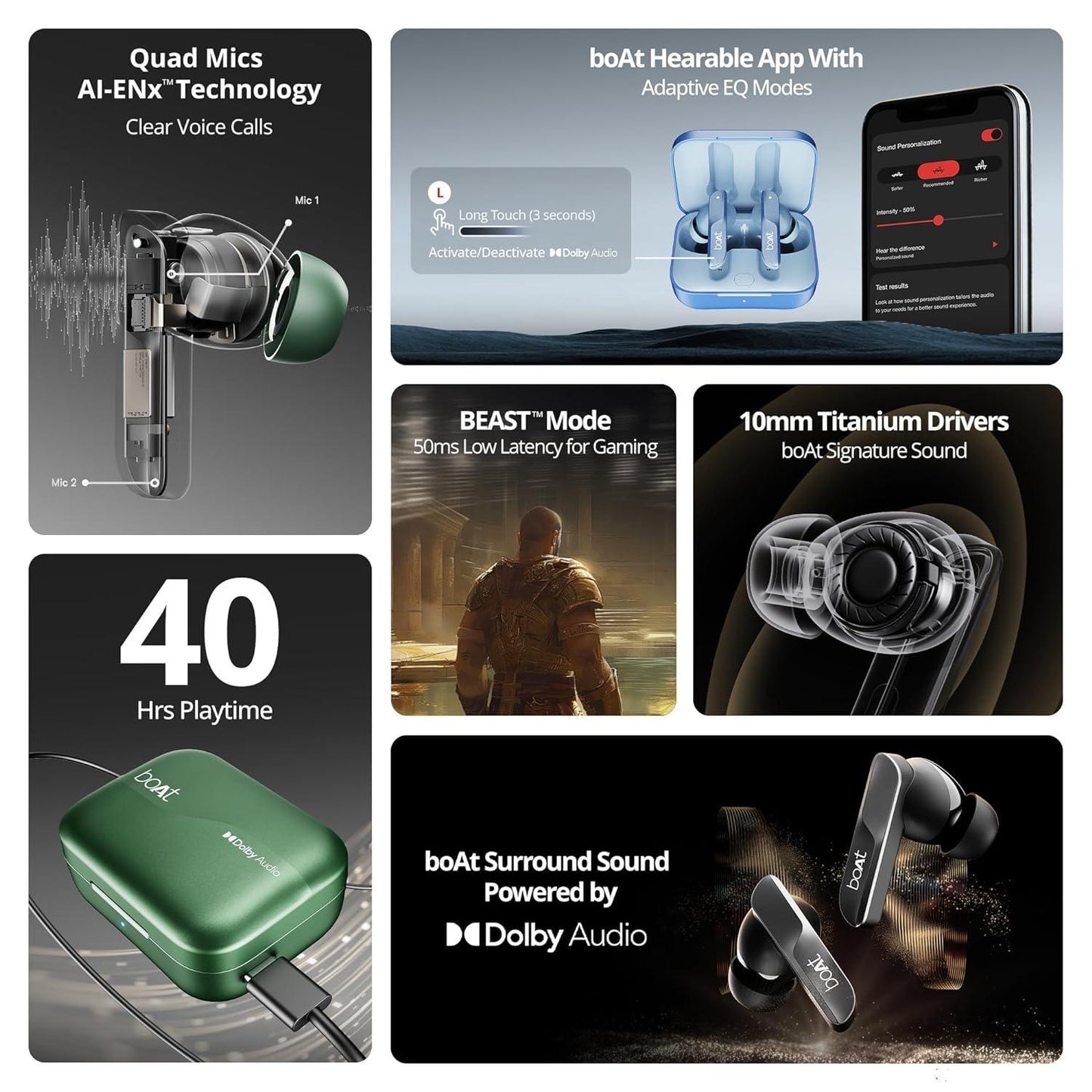 boAt Airdopes 800 True Wireless in Ear Ear Buds w/Dolby Audio, Adaptive EQ by Mimi, 40 Hours Playback, 4 Mics w/AI-ENx™, in-Ear Detection & Hearables App Support - Nalanda Enterprises
