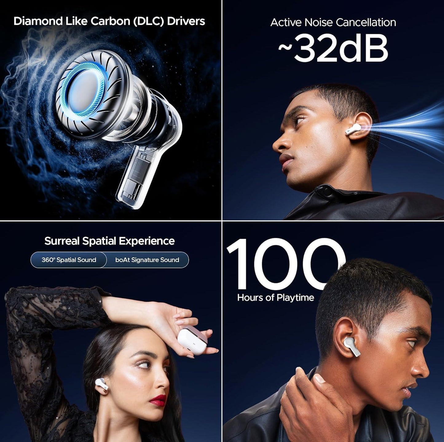 boAt Nirvana Space Truly Wireless in-Ear Earbuds w/ 360º Spatial Audio, ANC (~32dB),100HRS Playback,4 Mics w/AI-ENx™,in-Ear Detection,DLC Drivers, Multipoint Connectivity Ear Buds TWS (Cosmic Black) - Nalanda Enterprises