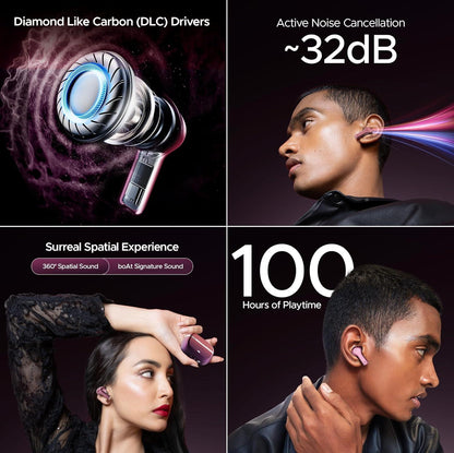 boAt Nirvana Space Truly Wireless in-Ear Earbuds w/ 360º Spatial Audio, ANC (~32dB),100HRS Playback,4 Mics w/AI-ENx™,in-Ear Detection,DLC Drivers, Multipoint Connectivity Ear Buds TWS (Cosmic Black) - Nalanda Enterprises