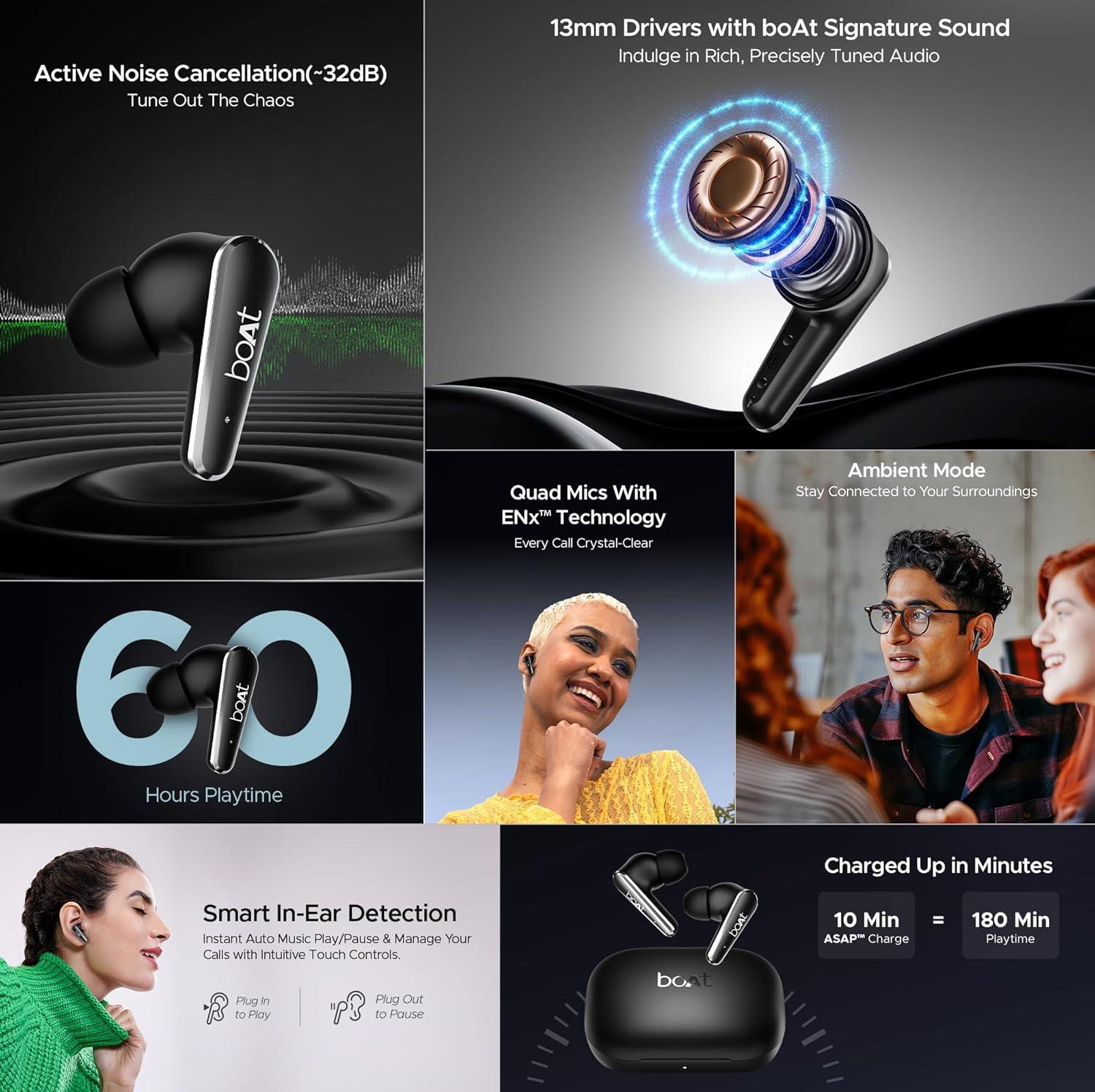 boAt Airdopes 280 ANC Truly Wireless in-Ear Earbuds with 32dB ANC, Ambient Mode, 60HRS Playback, 13mm Drivers, 4 Mics ENx™, in-Ear Detection, ASAP™ Charge,Beast Mode,IPX5 Ear Buds TWS (Active Black) - Nalanda Enterprises
