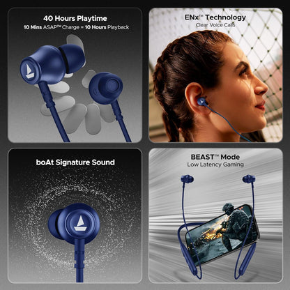 boAt Rockerz 111 Bluetooth Wireless Neckband with Up to 40 Hrs Playtime, Dual Device Pairing, Enx Tech, Beast Mode, ASAP Charging, Btv5.3, Ipx5,Type-C Interface & Magnetic in Ear Buds(Active Black) - Nalanda Enterprises