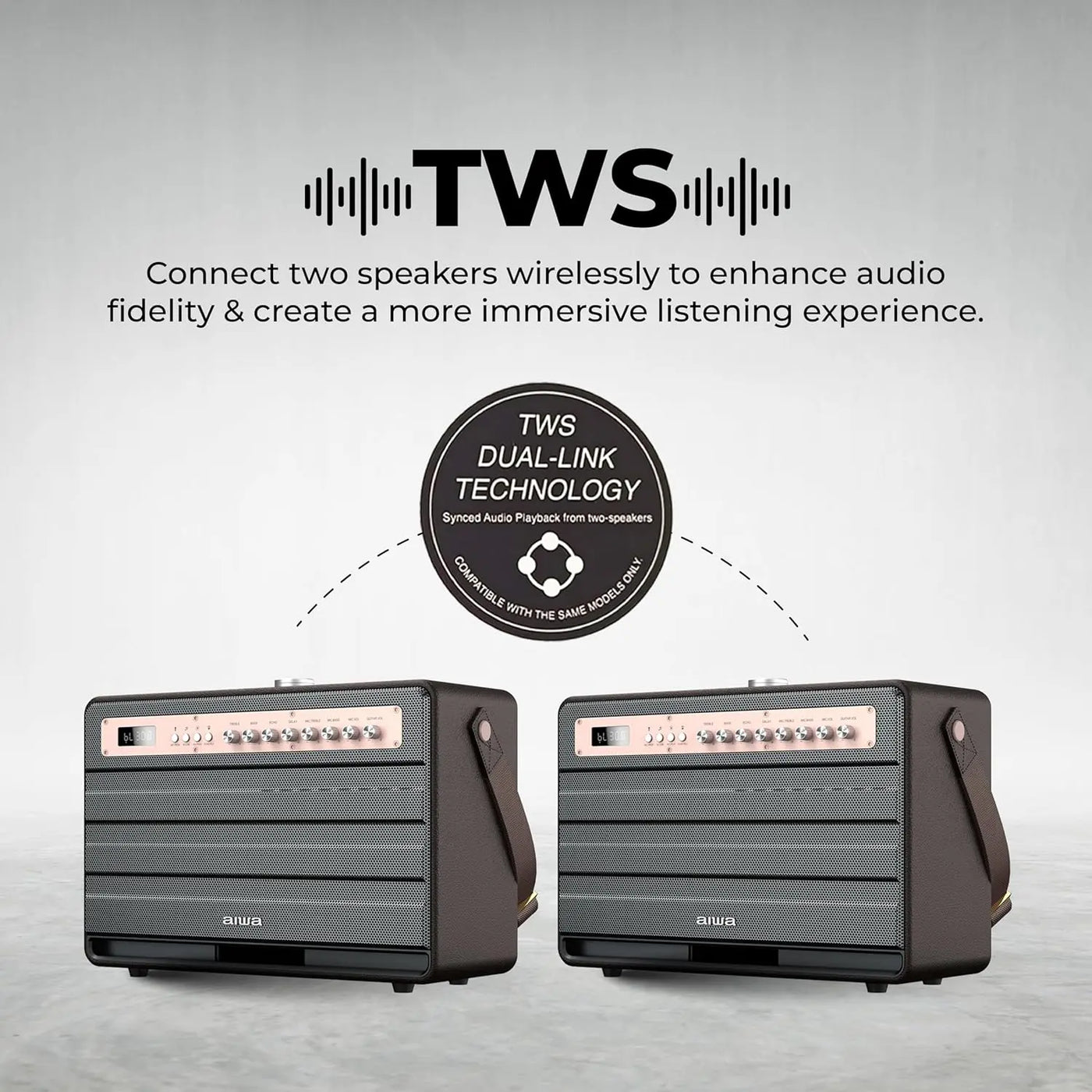 Aiwa TWS wireless speakers with dual-link technology, shown in black, for immersive audio, available via Nalanda Enterprises.