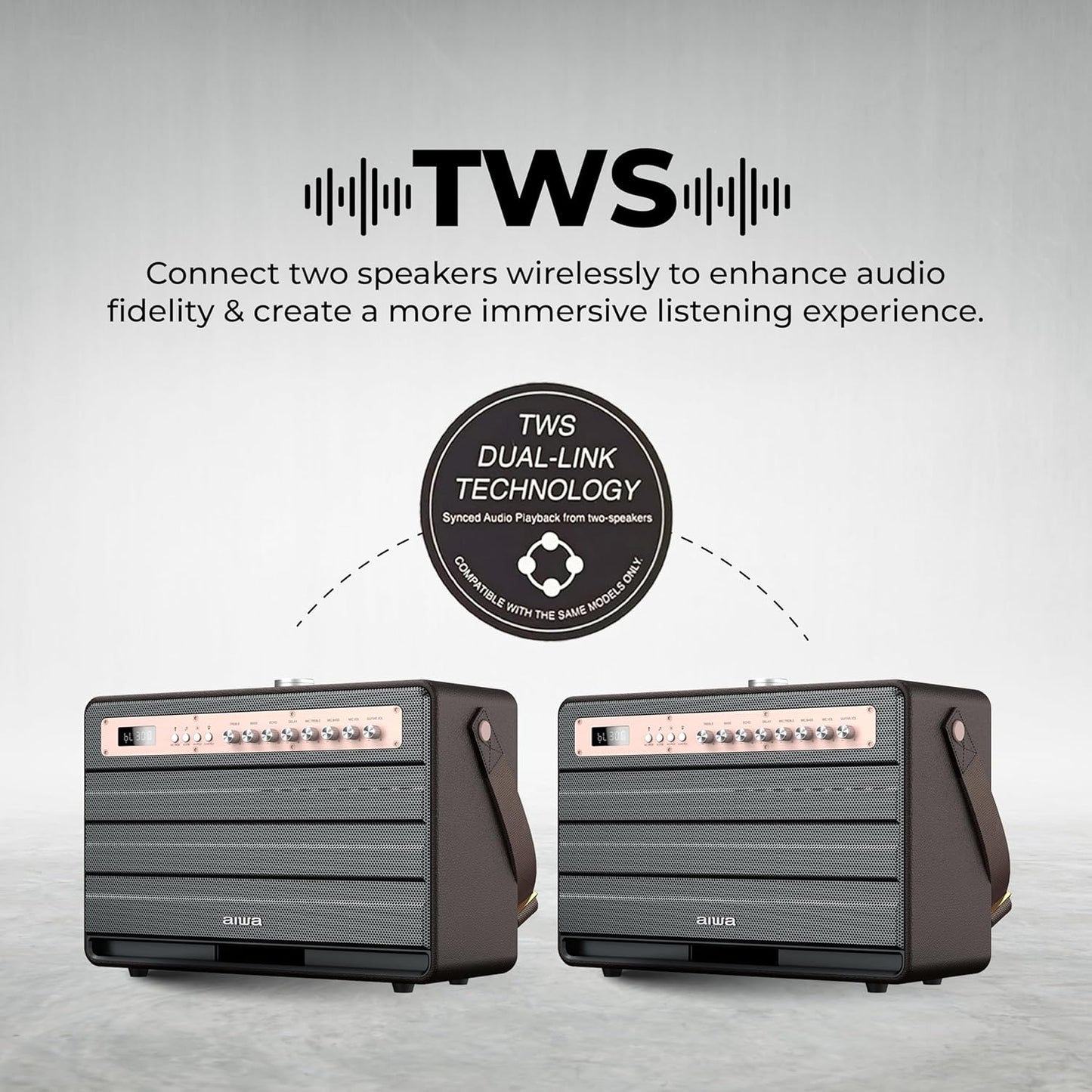 Aiwa Bluetooth Speaker | Long Battery Life | Built-in Microphone | karaoke speaker with 2 wireless microphones | MI-X450 Enigma 450 W Bluetooth Home Audio Speaker  (Rose Gold, Black, 2.1 Channel)