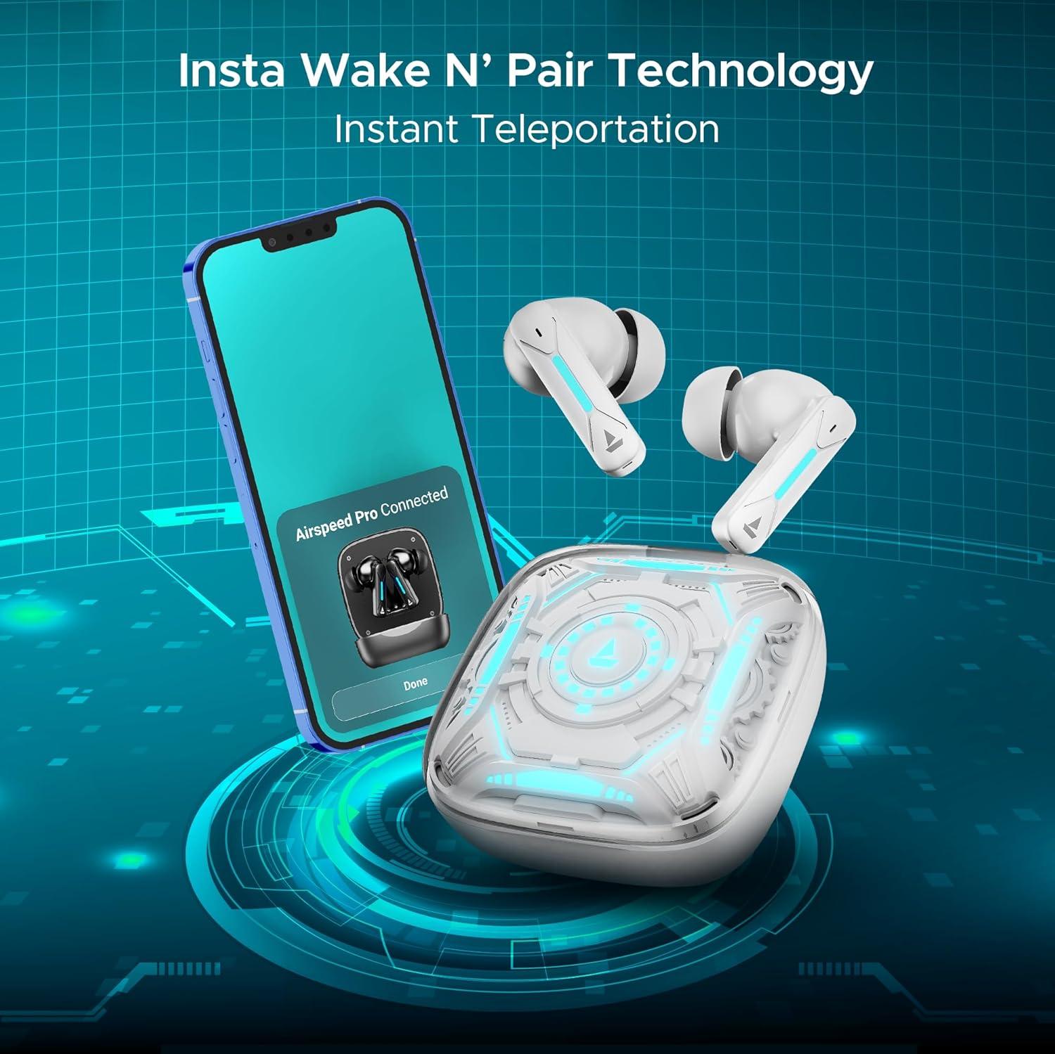 boAt Immortal Airspeed Pro Truly Wireless in- Ear Earbuds w/ 32dB ANC, Beast™ Mode with 40ms Latency, 40hrs Playback, 4 Mics with ENx™, Premium ID w/LEDs & ASAP™ Charge(White Sabre) - Nalanda Enterprises