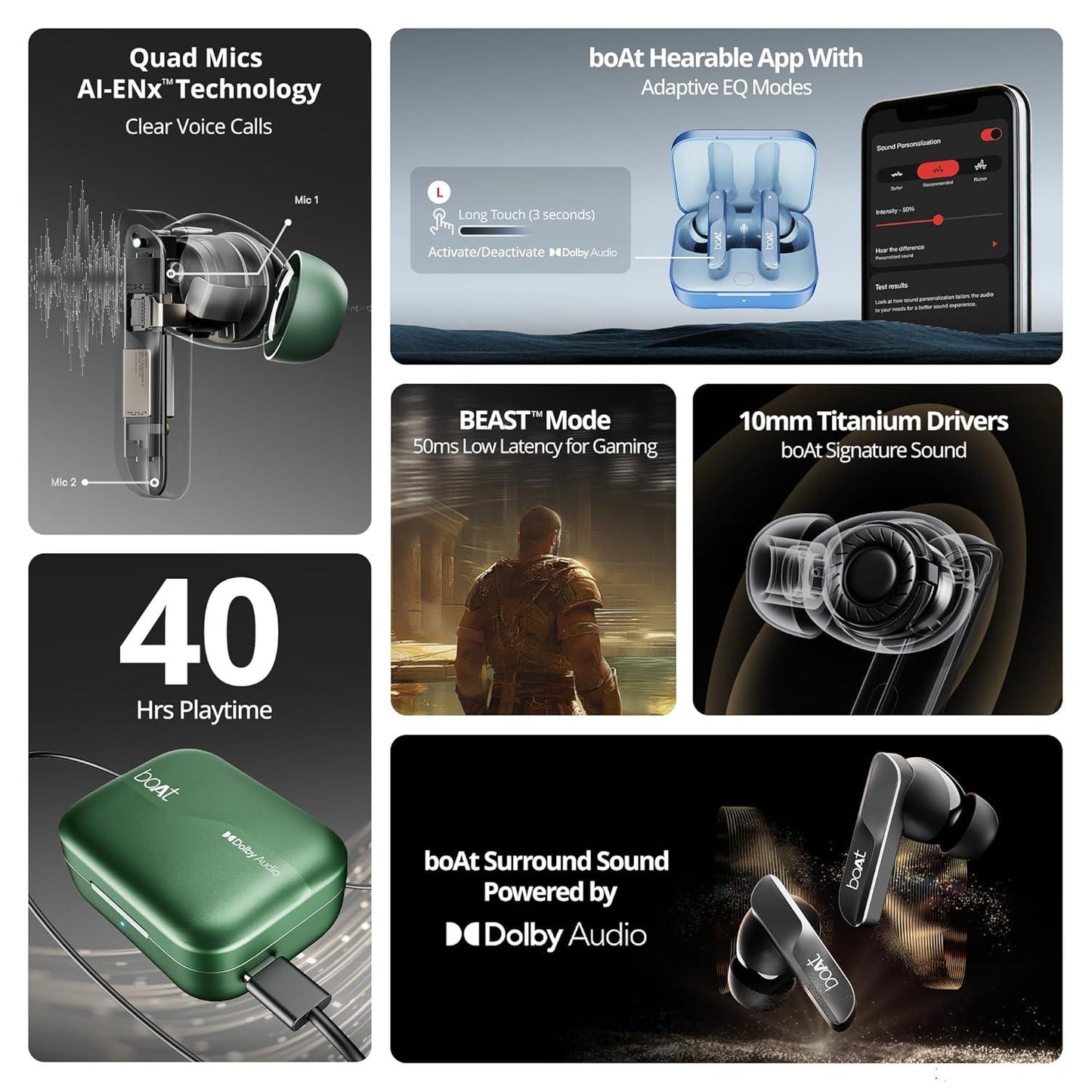 boAt Airdopes 800 True Wireless in Ear Ear Buds w/Dolby Audio, Adaptive EQ by Mimi, 40 Hours Playback, 4 Mics w/AI-ENx™, in-Ear Detection & Hearables App Support - Nalanda Enterprises