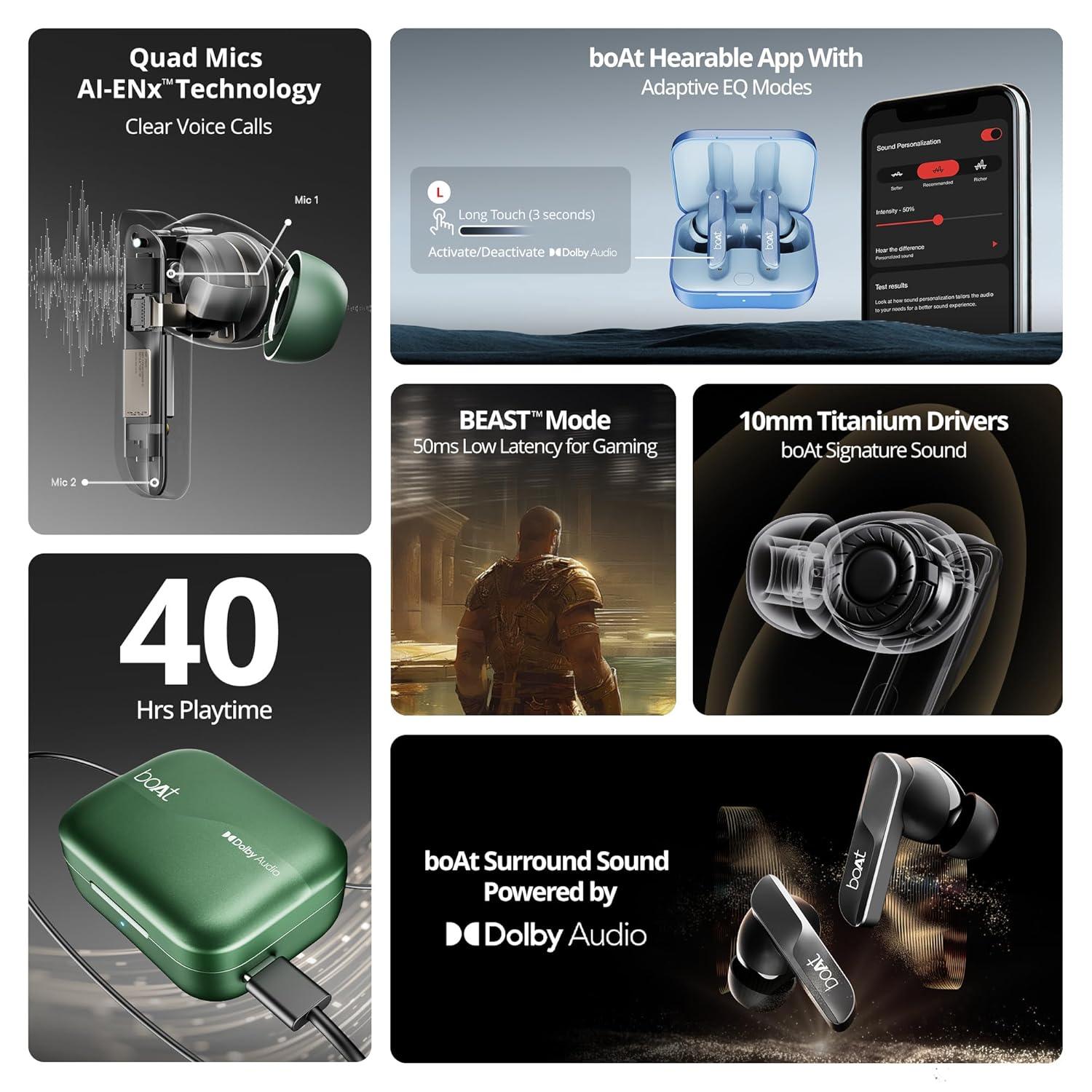 boAt Airdopes 800 True Wireless in Ear Ear Buds w/Dolby Audio, Adaptive EQ by Mimi, 40 Hours Playback, 4 Mics w/AI-ENx™, in-Ear Detection & Hearables App Support - Nalanda Enterprises