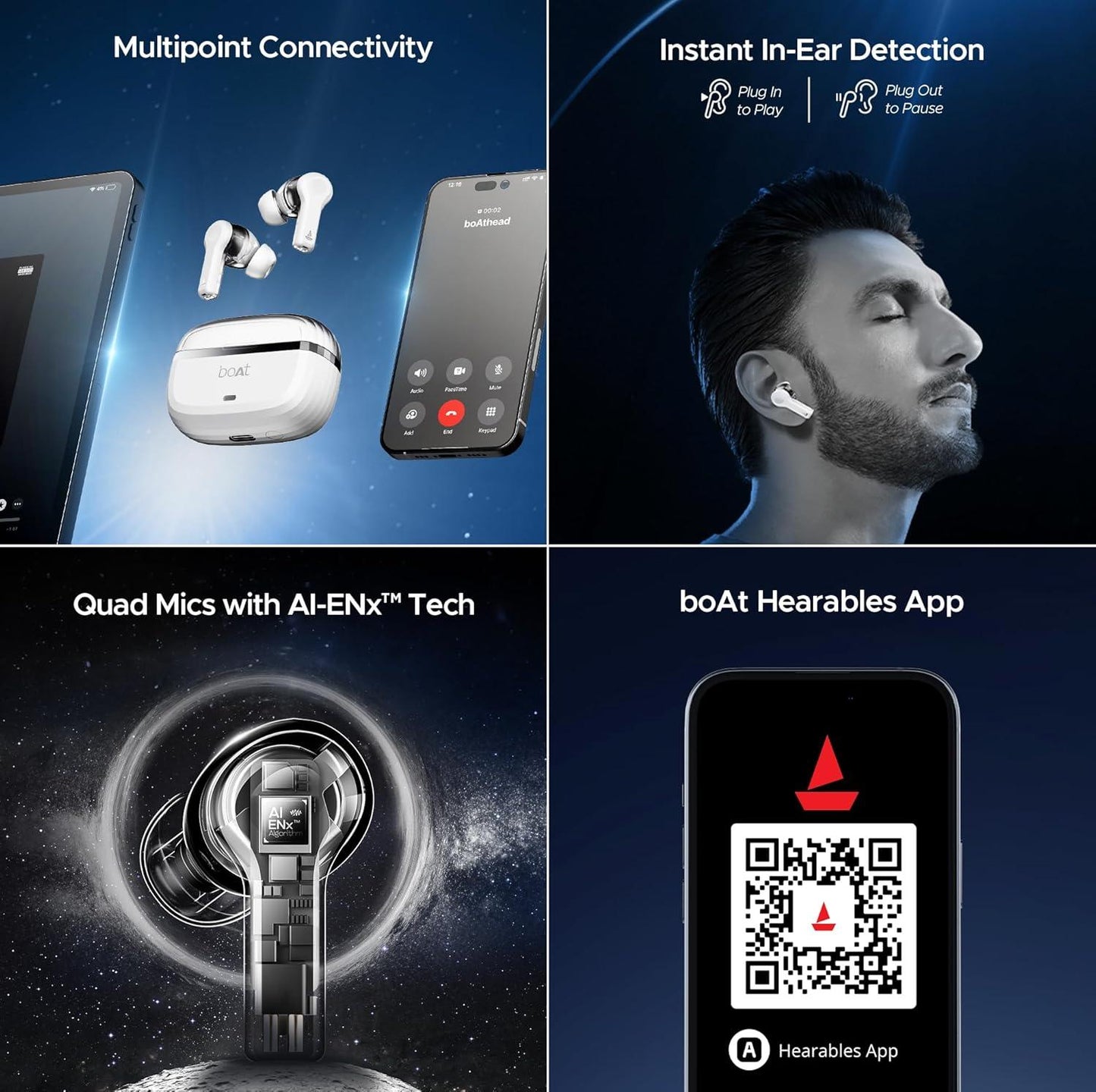 boAt Nirvana Space Truly Wireless in-Ear Earbuds w/ 360º Spatial Audio, ANC (~32dB),100HRS Playback,4 Mics w/AI-ENx™,in-Ear Detection,DLC Drivers, Multipoint Connectivity Ear Buds TWS (Cosmic Black) - Nalanda Enterprises