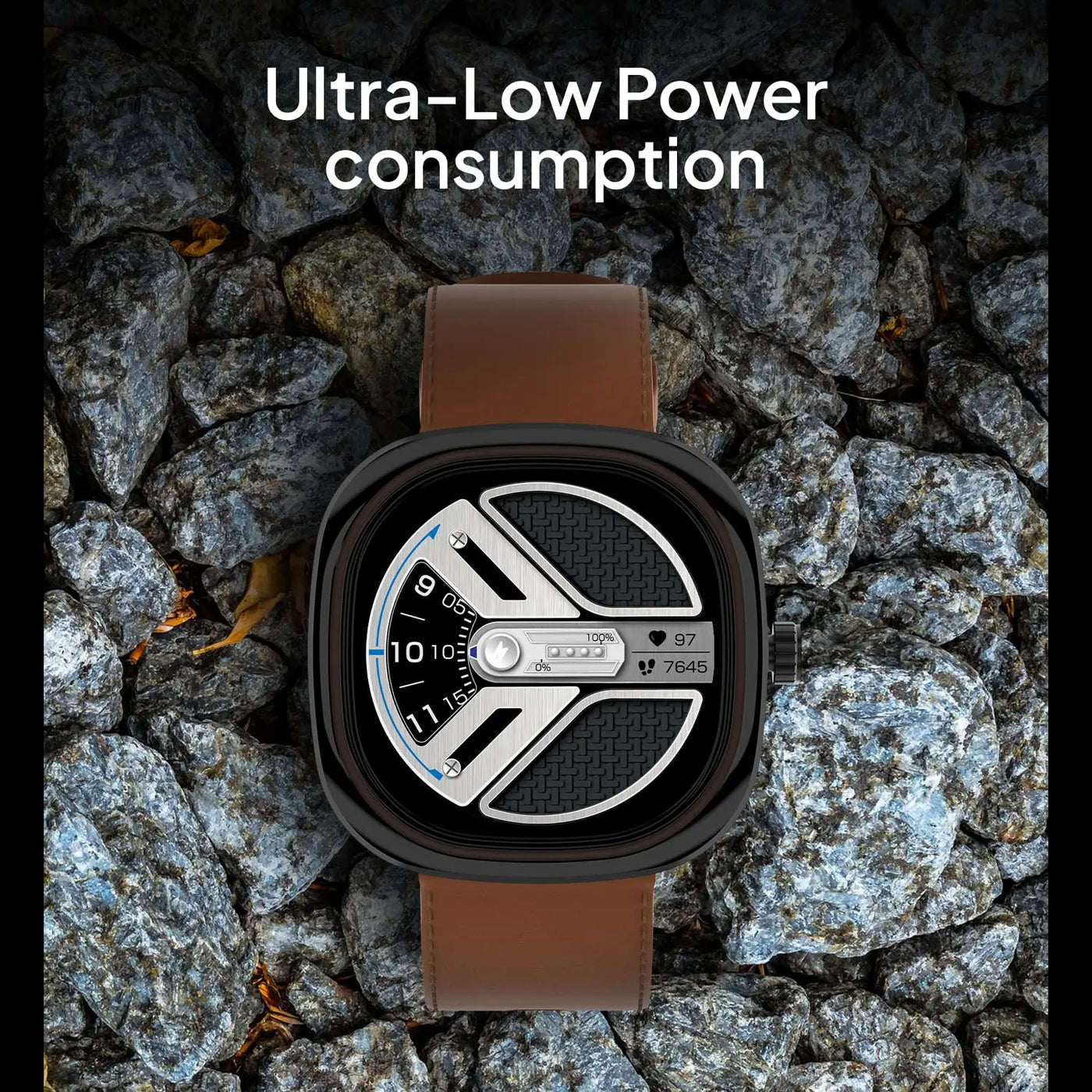 Modern smartwatch with brown leather strap on rocks, ultra-low power consumption display, Nalanda Enterprises.