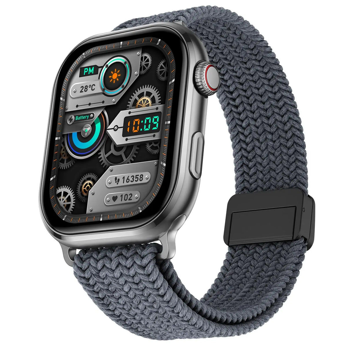 Smartwatch with digital display, metallic case, grey woven band, available at Nalanda Enterprises