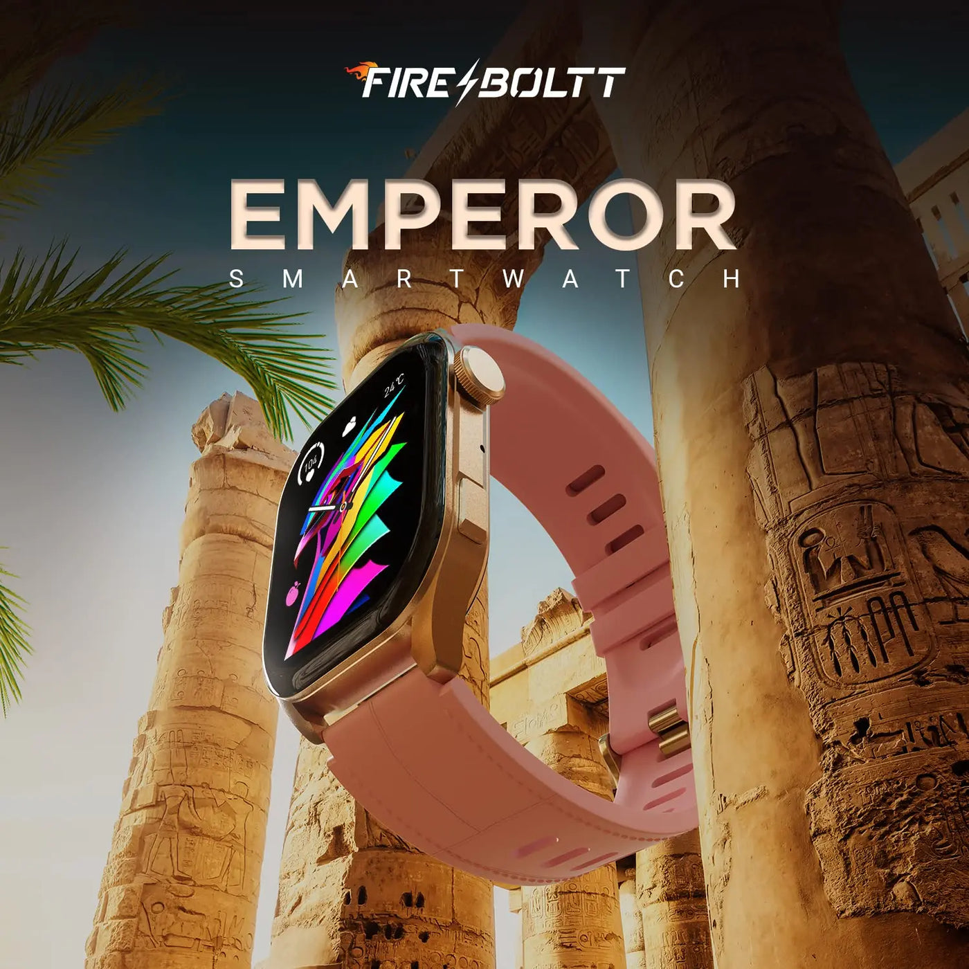 Fireboltt Emperor smartwatch with pink strap, digital display, set against ancient ruins background