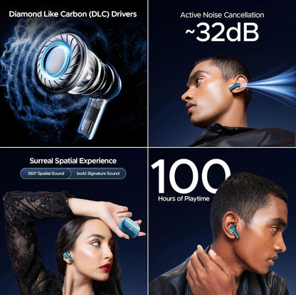 boAt Nirvana Space Truly Wireless in-Ear Earbuds w/ 360º Spatial Audio, ANC (~32dB),100HRS Playback,4 Mics w/AI-ENx™,in-Ear Detection,DLC Drivers, Multipoint Connectivity Ear Buds TWS (Cosmic Black) - Nalanda Enterprises