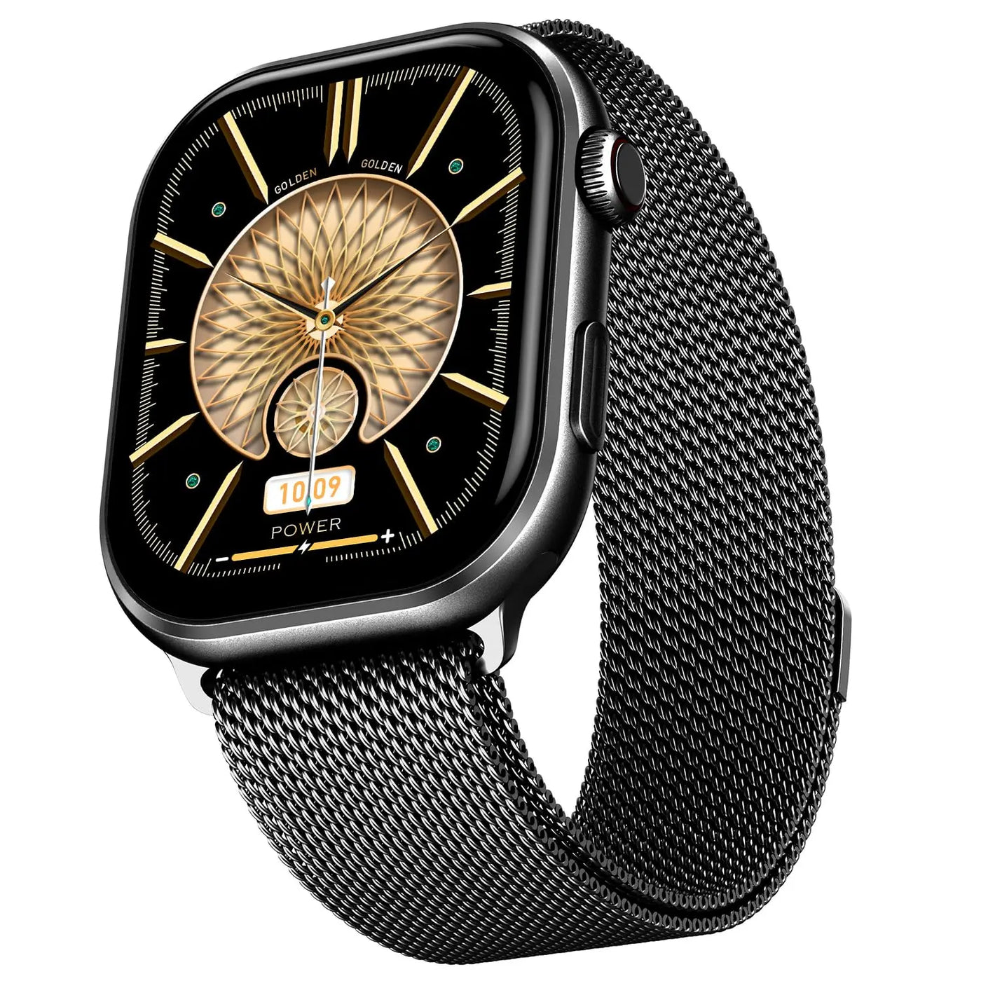 Black smart watch with metallic mesh strap and gold geometric analog-style display, Nalanda Enterprises