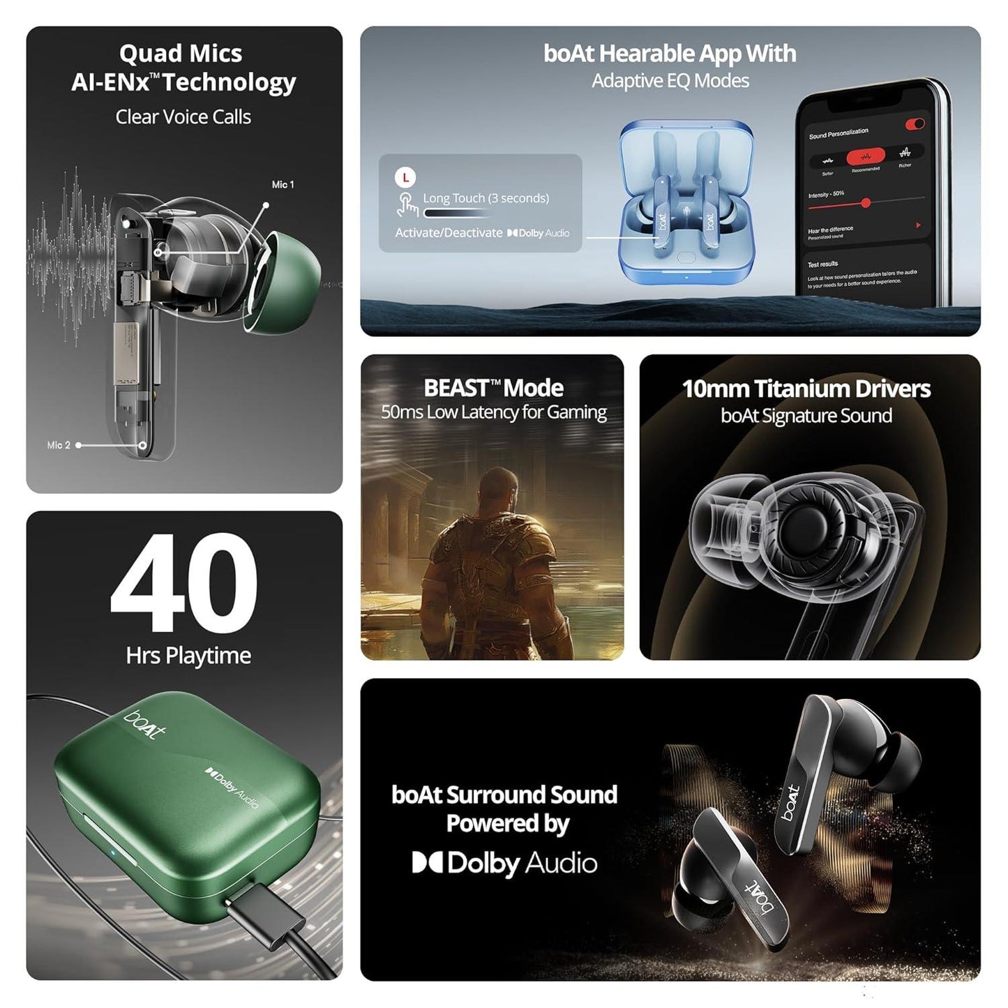 boAt Airdopes 800 True Wireless in Ear Ear Buds w/Dolby Audio, Adaptive EQ by Mimi, 40 Hours Playback, 4 Mics w/AI-ENx™, in-Ear Detection & Hearables App Support - Nalanda Enterprises