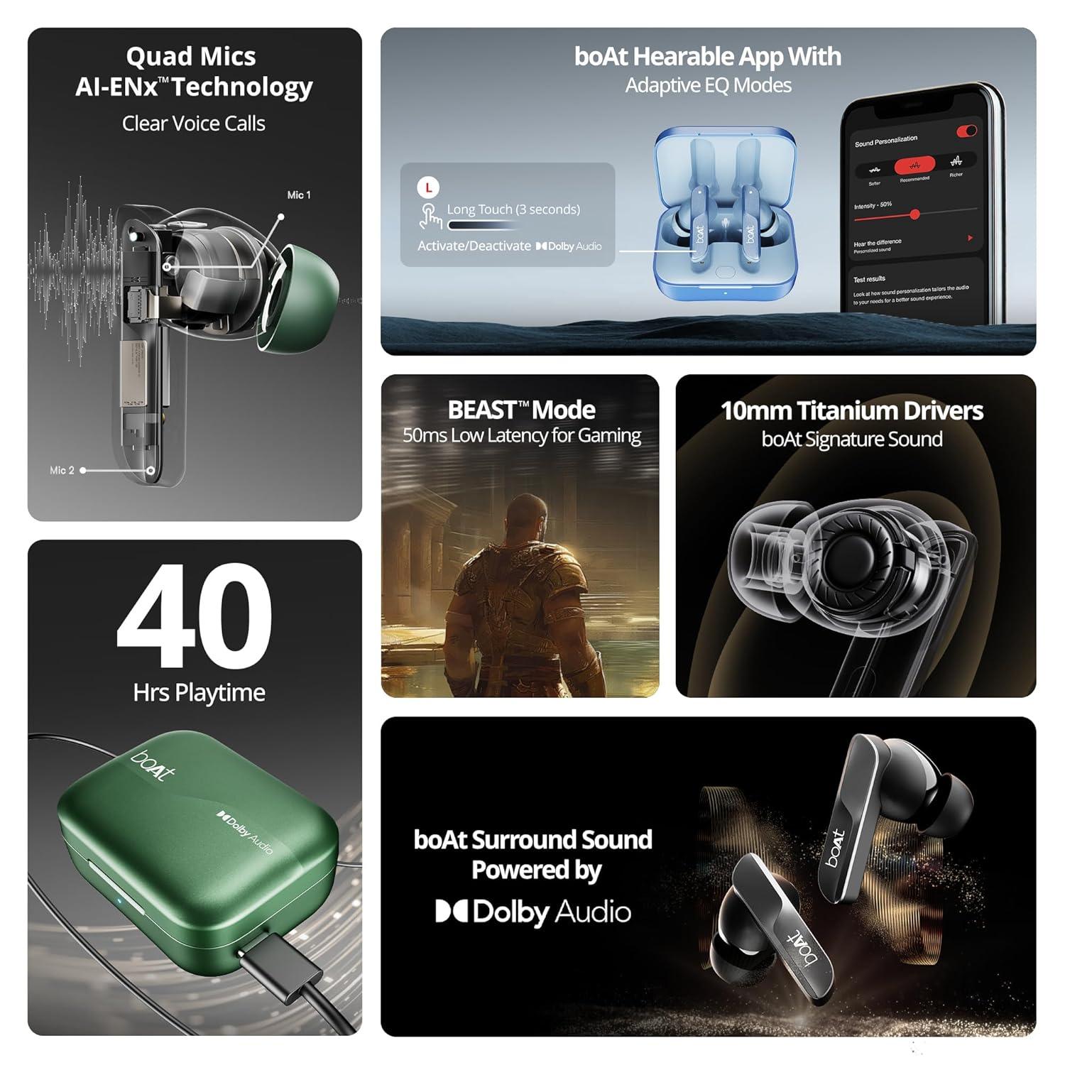 boAt Airdopes 800 True Wireless in Ear Ear Buds w/Dolby Audio, Adaptive EQ by Mimi, 40 Hours Playback, 4 Mics w/AI-ENx™, in-Ear Detection & Hearables App Support - Nalanda Enterprises