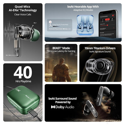 boAt Airdopes 800 True Wireless in Ear Ear Buds w/Dolby Audio, Adaptive EQ by Mimi, 40 Hours Playback, 4 Mics w/AI-ENx™, in-Ear Detection & Hearables App Support - Nalanda Enterprises