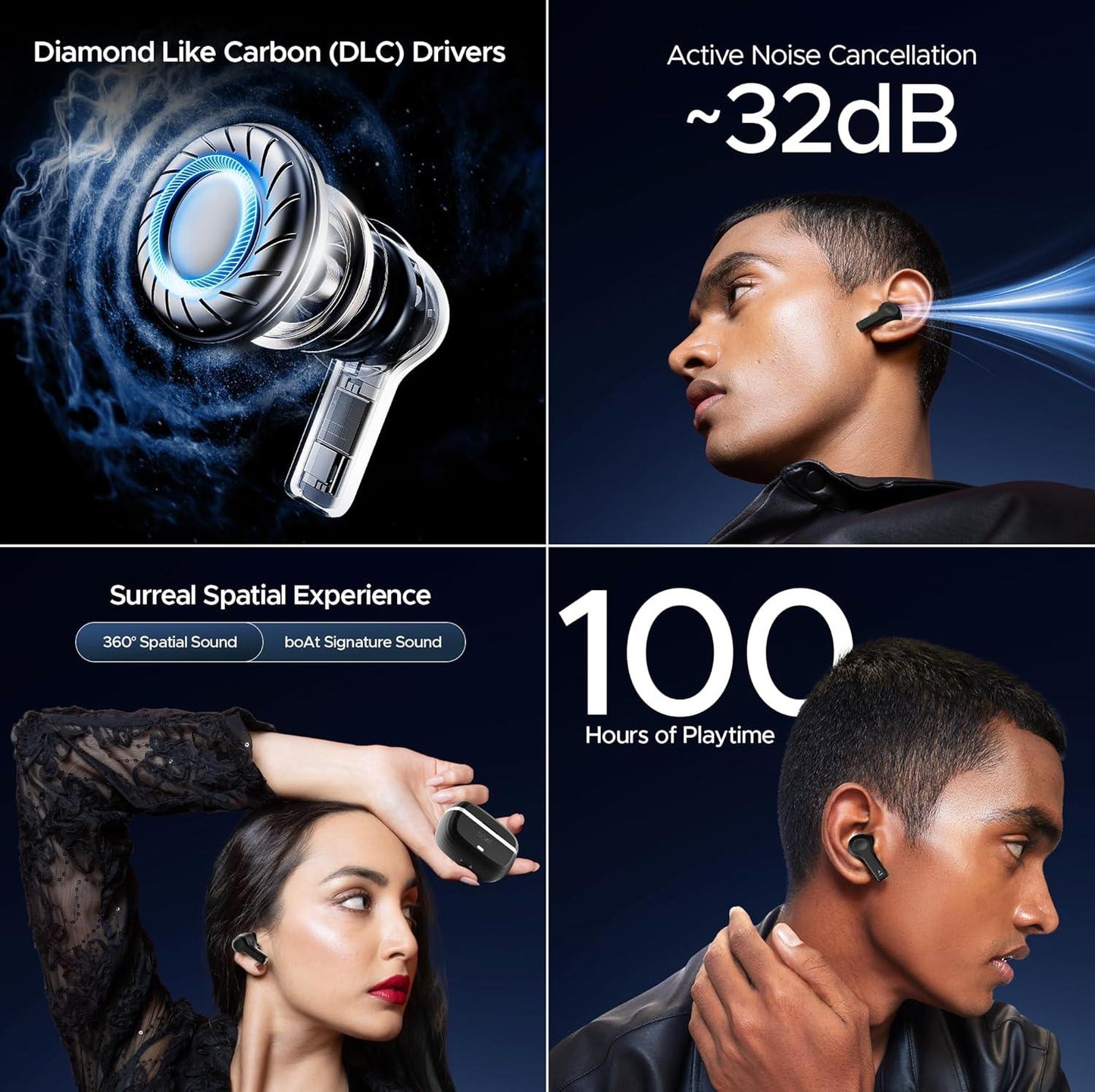 boAt Nirvana Space Truly Wireless in-Ear Earbuds w/ 360º Spatial Audio, ANC (~32dB),100HRS Playback,4 Mics w/AI-ENx™,in-Ear Detection,DLC Drivers, Multipoint Connectivity Ear Buds TWS (Cosmic Black) - Nalanda Enterprises
