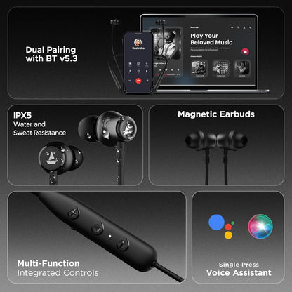 boAt Rockerz 111 Bluetooth Wireless Neckband with Up to 40 Hrs Playtime, Dual Device Pairing, Enx Tech, Beast Mode, ASAP Charging, Btv5.3, Ipx5,Type-C Interface & Magnetic in Ear Buds(Active Black) - Nalanda Enterprises