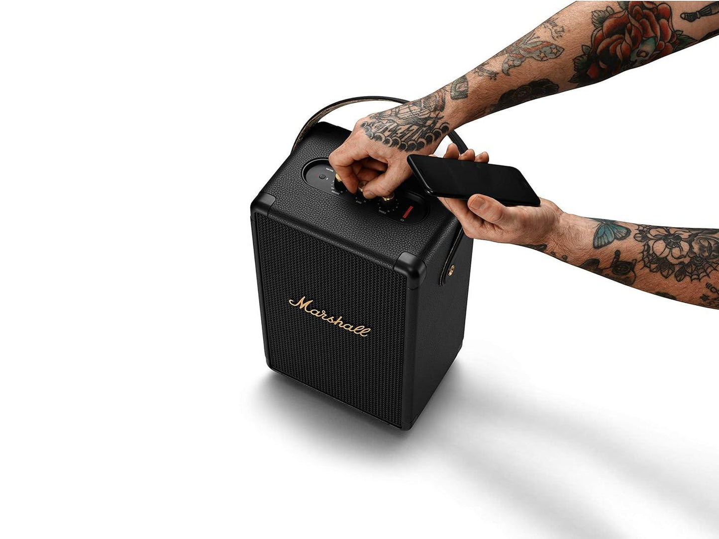 Marshall Tufton Portable Bluetooth Speaker with 20+ Hours of Portable Playtime, (360° Sound), Water-Resistant (IPX2) - Black & Brass. - Nalanda Enterprises
