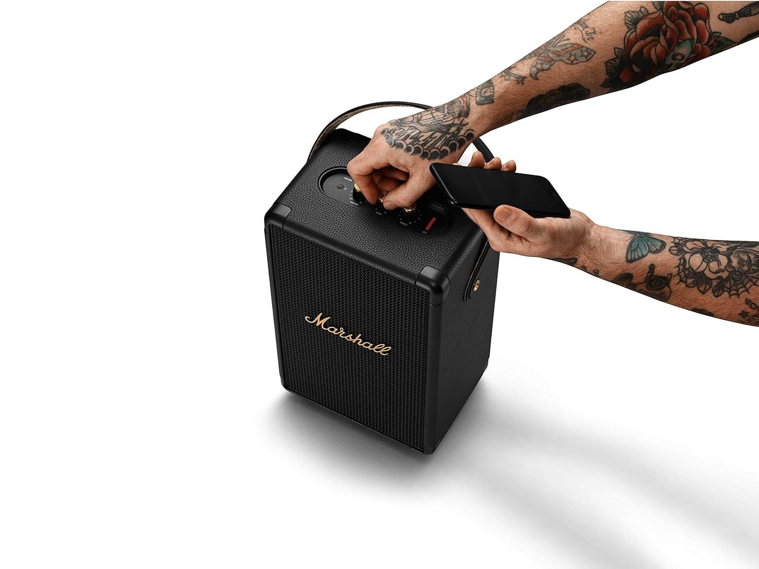 Marshall Tufton Portable Bluetooth Speaker with 20+ Hours of Portable Playtime, (360° Sound), Water-Resistant (IPX2) - Black & Brass. - Nalanda Enterprises