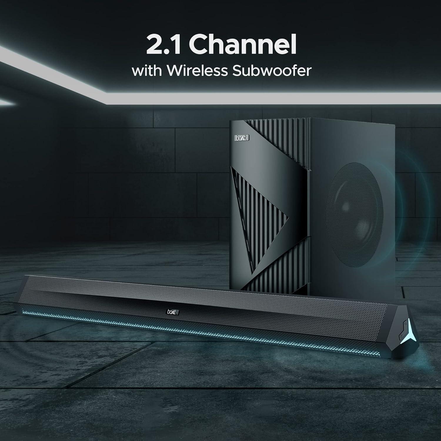 boAt Aavante Bar 1500 2.1 Channel Home Theatre Soundbar with 120W Signature Sound, Wired Subwoofer, Multiple Connectivity Modes, Entertainment EQ Modes and Sleek Finish (Black) - Nalanda Enterprises