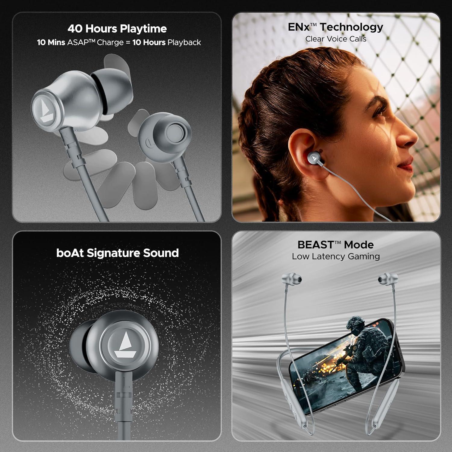 boAt Rockerz 111 Bluetooth Wireless Neckband with Up to 40 Hrs Playtime, Dual Device Pairing, Enx Tech, Beast Mode, ASAP Charging, Btv5.3, Ipx5,Type-C Interface & Magnetic in Ear Buds(Active Black) - Nalanda Enterprises