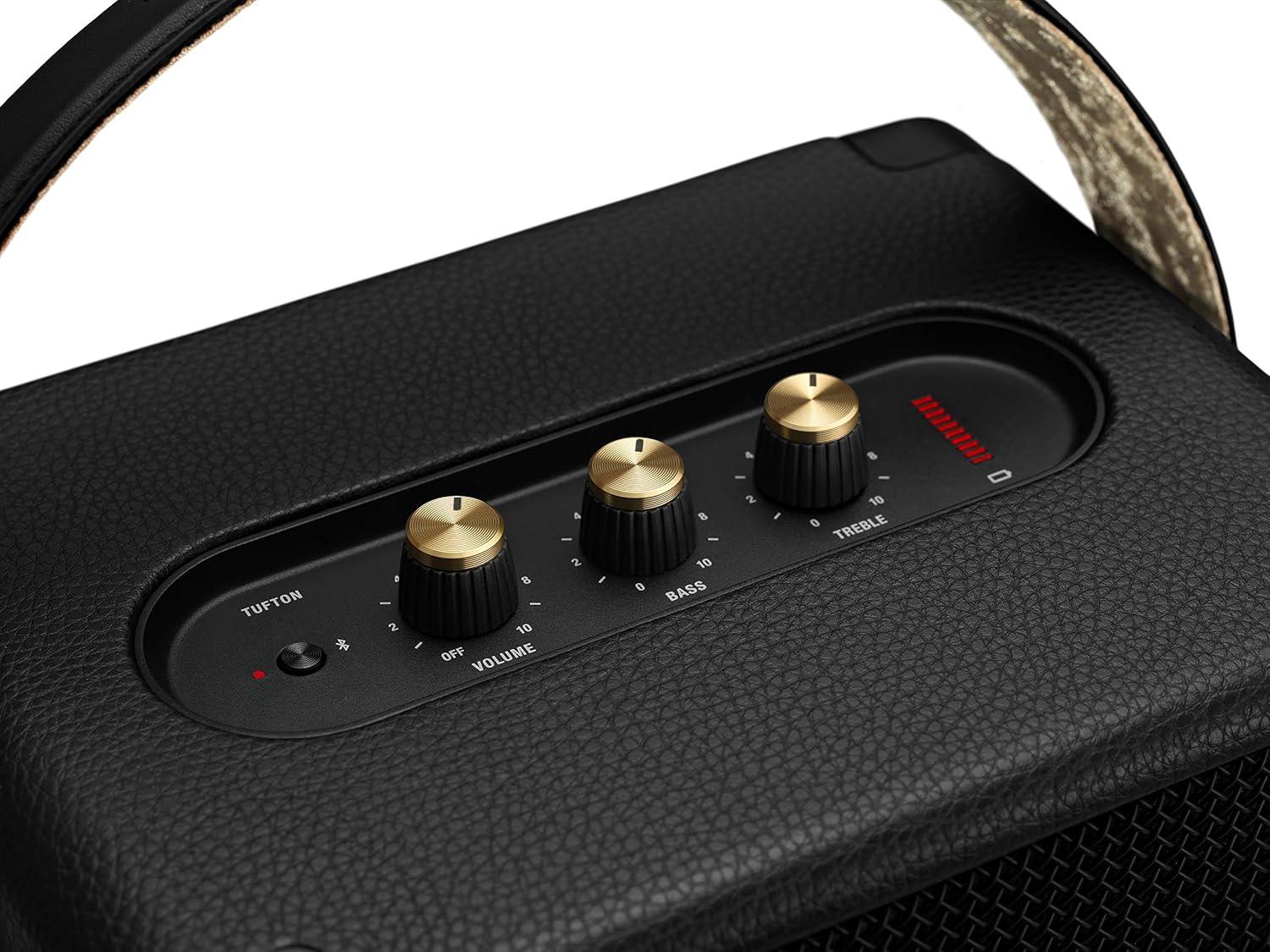 Marshall Tufton Portable Bluetooth Speaker with 20+ Hours of Portable Playtime, (360° Sound), Water-Resistant (IPX2) - Black & Brass. - Nalanda Enterprises